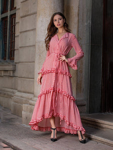 Women's Boho Dress Red Plaid Splid Ruffles Peplum Maxi Dress Cake Dress