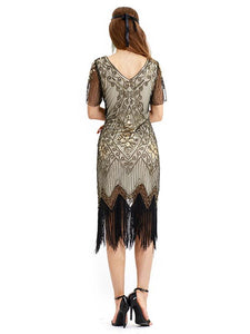 Red Gold 1920s V Neck Sequined Flapper Dres