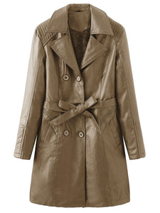 Women's Coat PU Leather Turndown Collar Fall Winter Plush Regular Midi Length Coat Solid Color Coat