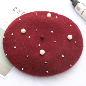 Women Pearl Stars Wool Felt Beret Hat Cap