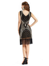 Load image into Gallery viewer, Black Gold 1920s V Neck Sequined Fringed Flapper Dress