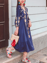 Load image into Gallery viewer, Women&#39;s Bohemian Floral Embroidered V Neck 3/4 Sleeves Front Split Button Maxi Boho Dress