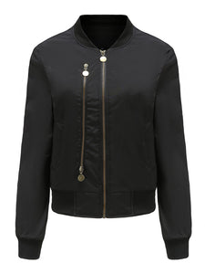 Pilot Style Jacket Daily Zippered Fall Winter Casual Solid Color Stand Collar Sporty Jacket For Women