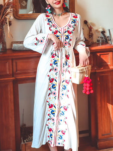 Jolly Vintage Bohemian V Neck Embroidered Floral Flared Long Sleeve Boho Dress