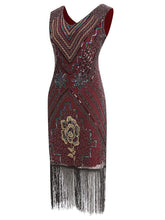 Load image into Gallery viewer, Wine Red 1920s V Neck Sequined Flapper Dress
