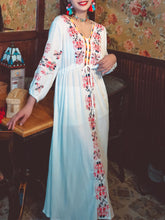 Load image into Gallery viewer, Women&#39;s Bohemian Embroidered Floral V Neck Long Sleeve Cotton Boho Maxi Dress