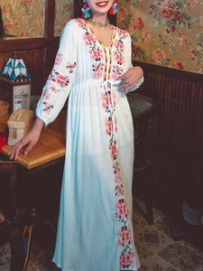 Women's Bohemian Embroidered Floral V Neck Long Sleeve Cotton Boho Maxi Dress