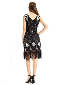 Black Gold 1920s V Neck Sequined Flapper Dres