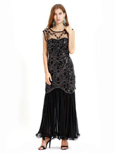 Load image into Gallery viewer, Black Gold 1920s Crew Neck Sequined Flapper Dres