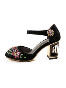 Luxury Womens Rhinestone Embroidery Crystal Flower Mary Janes Pumps