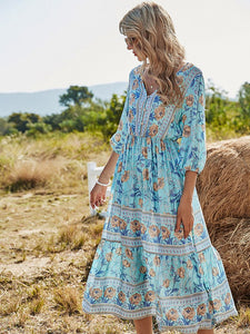 Women's Floral Boho Dress Half Sleeve V Neck Beach Party Dress