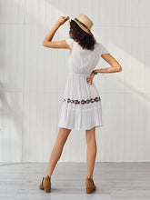 Load image into Gallery viewer, Women&#39;s Boho Dress Deep V Neck Embroidered Short Sleeve Midi Length Dress