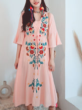 Load image into Gallery viewer, Women&#39;s Cotton Embroidered Floral Square Neck Flared Half Sleeve Maxi Boho Dress