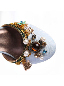 Luxury Floral Gem Studded Heels Ankle Strap Vintage Wedding Shoes