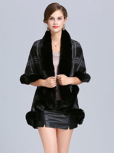 Women Poncho Wrap Faux Fur Collar Double Layer