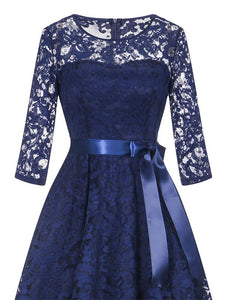 Lace O Neck 3/4 Length Sleeve High Low Hem Vintage Dress