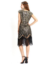 Load image into Gallery viewer, Gold 1920s Crew Neck  Cape Sequined Fringed Flapper Dres