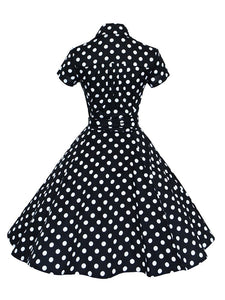 Elegant High Waist V Neck Short Sleeve Dots Vintage Dress