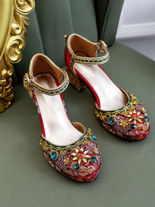 Luxurious Rhinestone Embroidery Floral Block Heel Ankle Strap Vintage Shoes