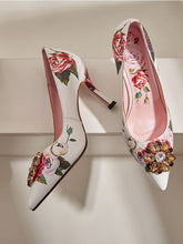 Load image into Gallery viewer, Rose Print Rhinestone Stiletto Heel Vinatge Shoes