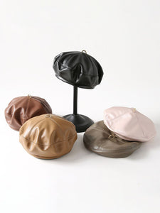 Women Faux Leather Beret Beanie Hat Cap