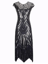 Load image into Gallery viewer, Gold 1920s Crew Neck  Cape Sequined Fringed Flapper Dres