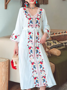 Jolly Vintage Bohemian V Neck Embroidered Floral Flared Long Sleeve Boho Dress