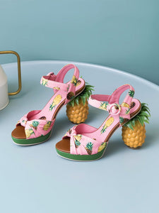 Fruit Heel Pineapple Print Platform Bow Vinatge Sandals