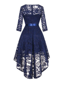 Lace O Neck 3/4 Length Sleeve High Low Hem Vintage Dress