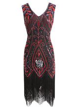 Load image into Gallery viewer, 1920s Floral Sequined Fringe Flapper Dress