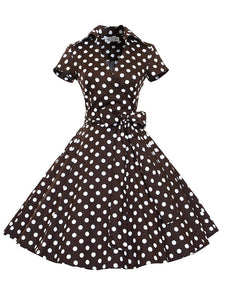 Elegant High Waist V Neck Short Sleeve Dots Vintage Dress