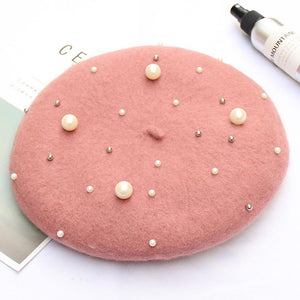 Women Pearl Stars Wool Felt Beret Hat Cap