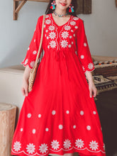 Load image into Gallery viewer, Jolly Vintage Women&#39;s Embroidered Floral 3/4 Sleeves V Neck Boho Dress