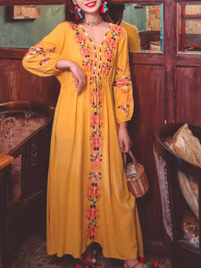 Women's Bohemian Embroidered Floral V Neck Long Sleeve Cotton Boho Maxi Dress