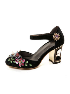 Luxury Womens Rhinestone Embroidery Crystal Flower Mary Janes Pumps