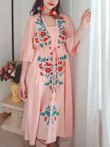 Women's Cotton Embroidered Floral Square Neck Flared Half Sleeve Maxi Boho Dress