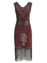 Load image into Gallery viewer, Wine Red 1920s V Neck Sequined Flapper Dress