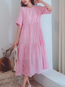 Jolly Vintage Women's Embroidered Solid Backgrand Half Sleeves Boho Midi Dress