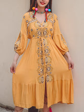 Load image into Gallery viewer, Women&#39;s Bohemian Floral Embroidered V Neck 3/4 Sleeves Front Split Button Maxi Boho Dress