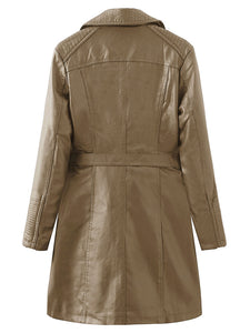 Women's Coat PU Leather Turndown Collar Fall Winter Plush Regular Midi Length Coat Solid Color Coat