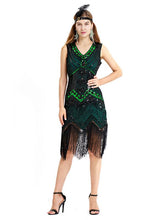 Load image into Gallery viewer, Black Silver 1920s V Neck Sequined Flapper Dres
