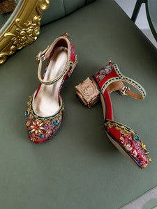 Luxurious Rhinestone Embroidery Floral Block Heel Ankle Strap Vintage Shoes