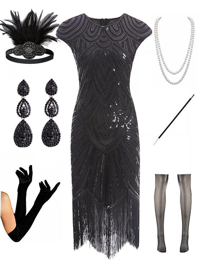 1920s Gatsby Sequined Fringed Flapper Dress Set – Jolly Vintage