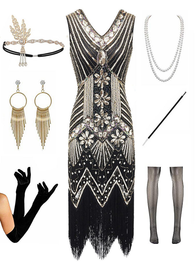 1920s  Sequined Fringed Gatsby Flapper Dress Set