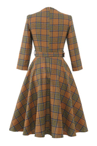 Brown Plaid BowKnot 3/4 Sleeve 1950S Vintage Dress With Button