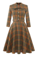 Load image into Gallery viewer, Brown Plaid BowKnot 3/4 Sleeve 1950S Vintage Dress With Button