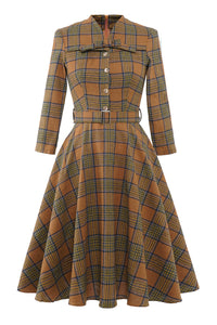 Brown Plaid BowKnot 3/4 Sleeve 1950S Vintage Dress With Button