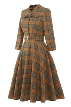 Load image into Gallery viewer, Brown Plaid BowKnot 3/4 Sleeve 1950S Vintage Dress With Button