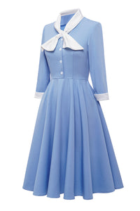 Big BowKnot Baby Blue 3/4 Sleeve 1950S Vintage Dress With Button