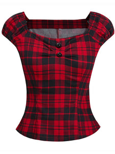 1950S Plaid Puff Sleeve Crop Tops